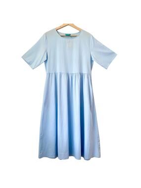 NEW $248 Handmade Cotton Poplin Baby Blue Baby Doll Dress Midi Minimalist- Small